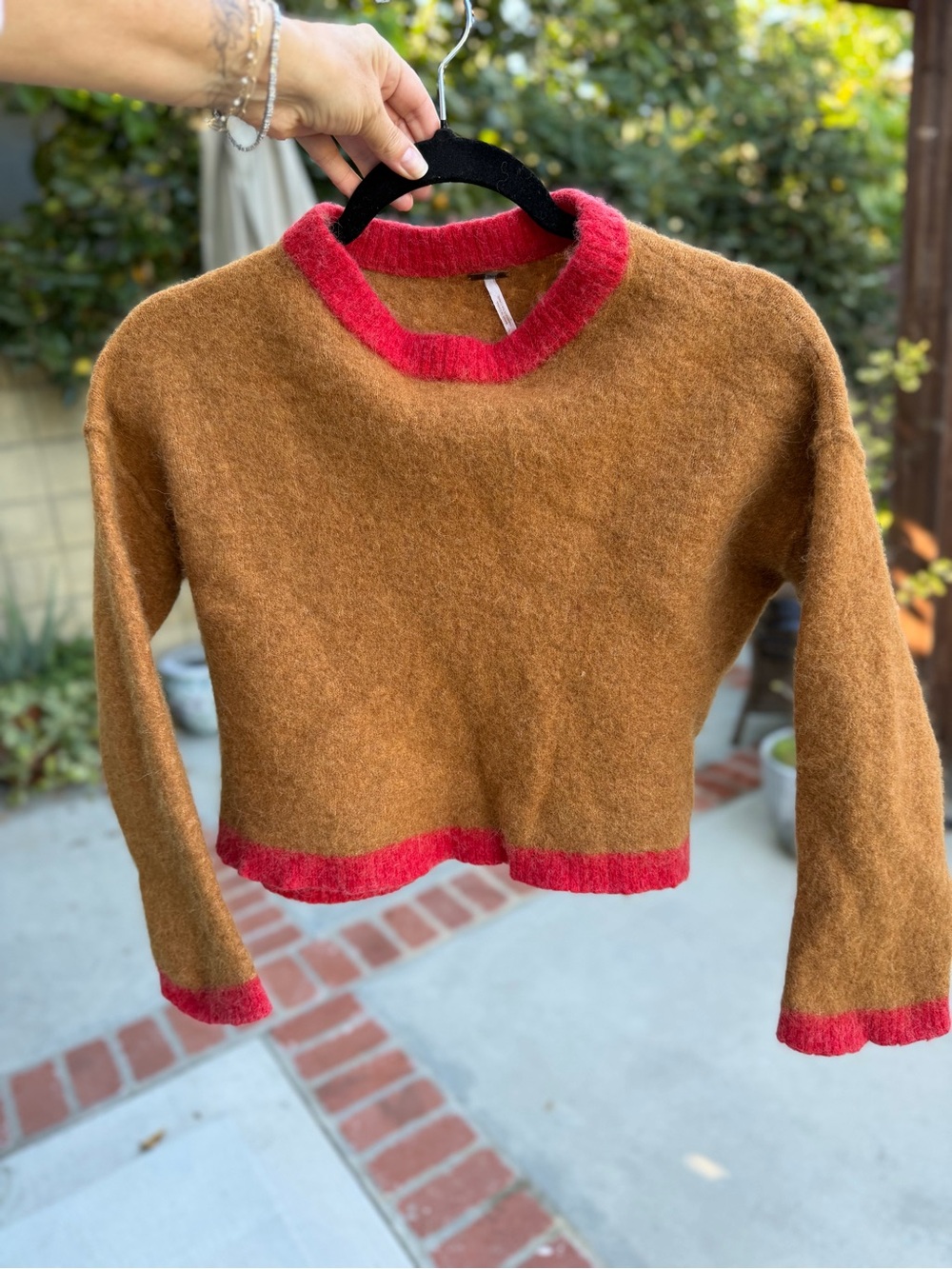 Free People Grandpa Crew Neck Sweater Alpaca Wool Brown Red Trim Maplewood Small